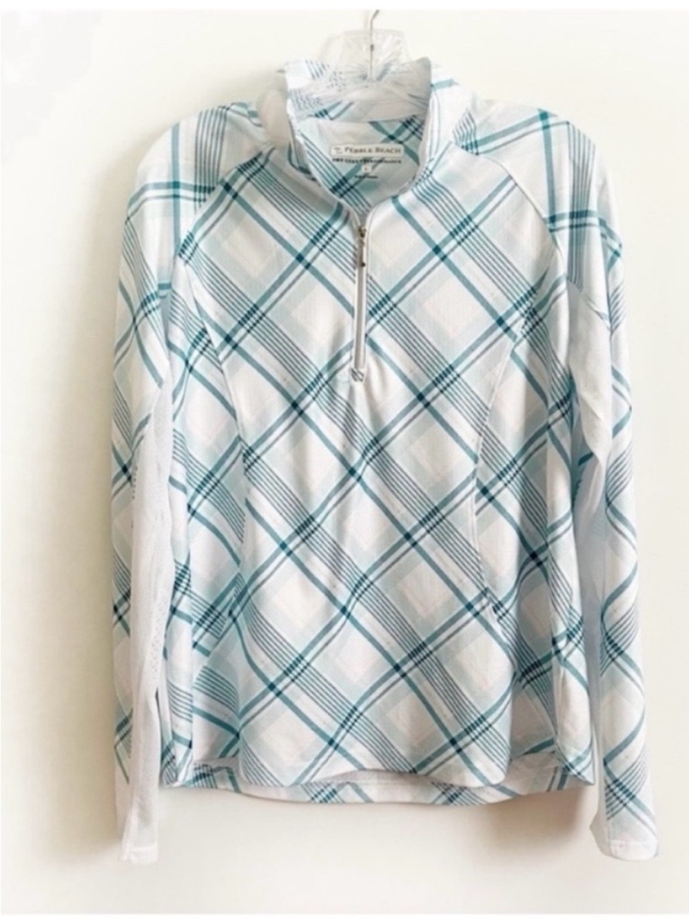 Pebble Beach women's golf shirt white blue Dry-Luxe plaid quarter zip